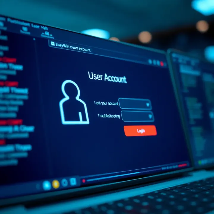 Interface displaying EasyWin login screen featuring username and password inputs with security icons
